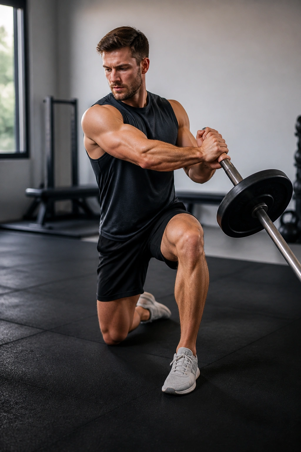 Athlete performing half-kneeling landmine rotations with a landmine bar.