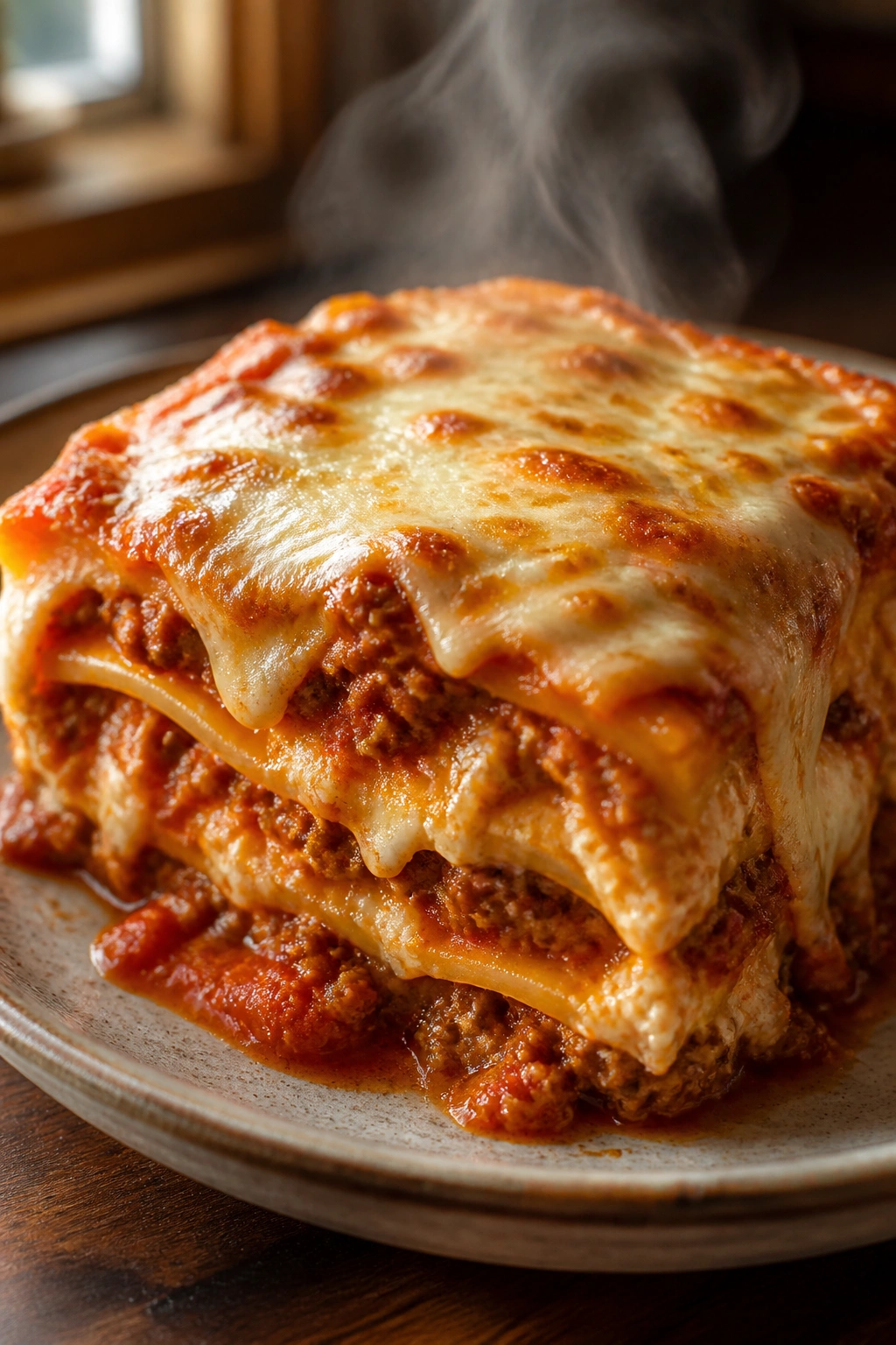 Close-up of lasagna slice showing layered filling and melted cheese on a rustic plate