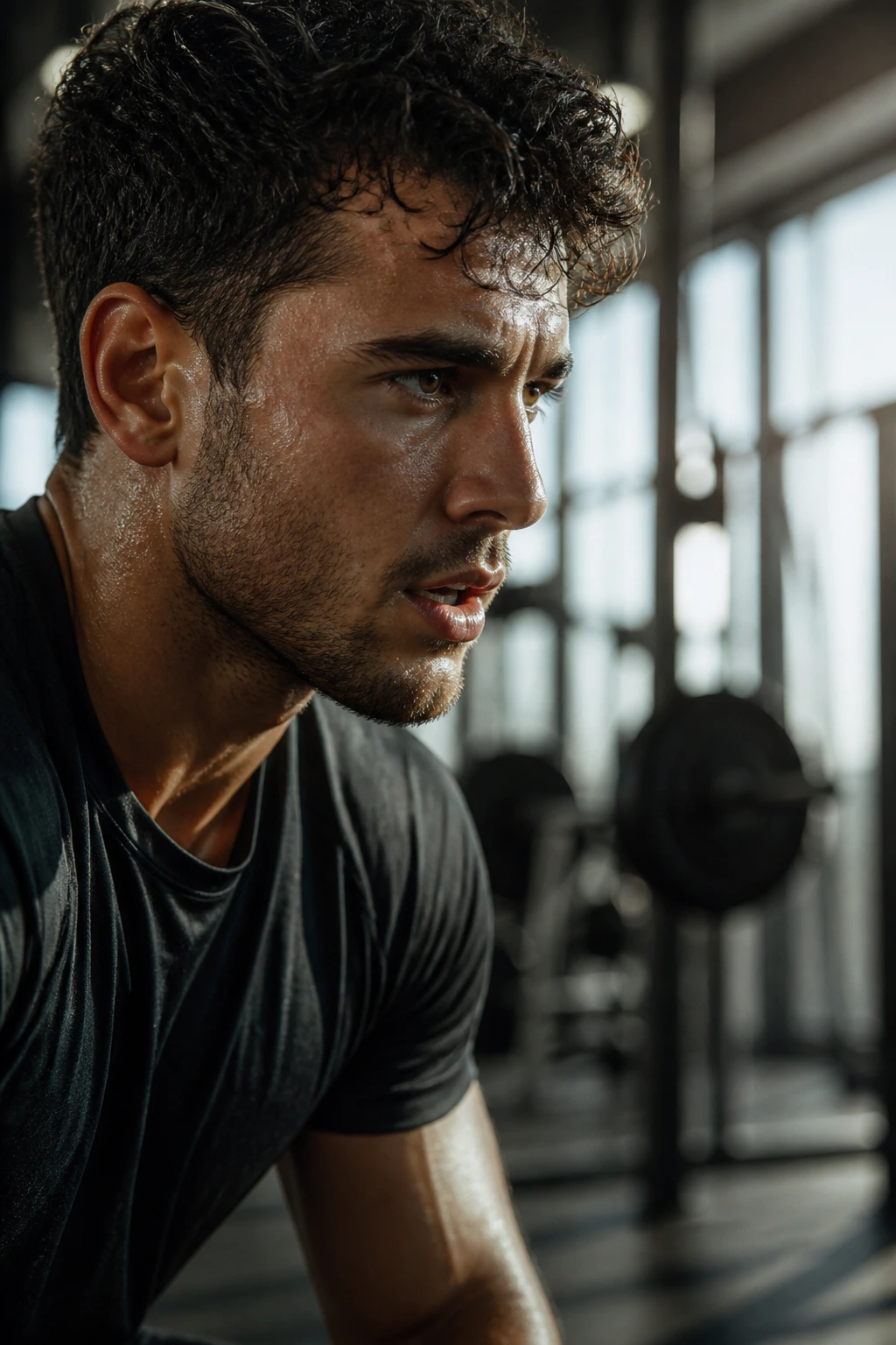 Close-up portrait of athlete during final set showing fatigue