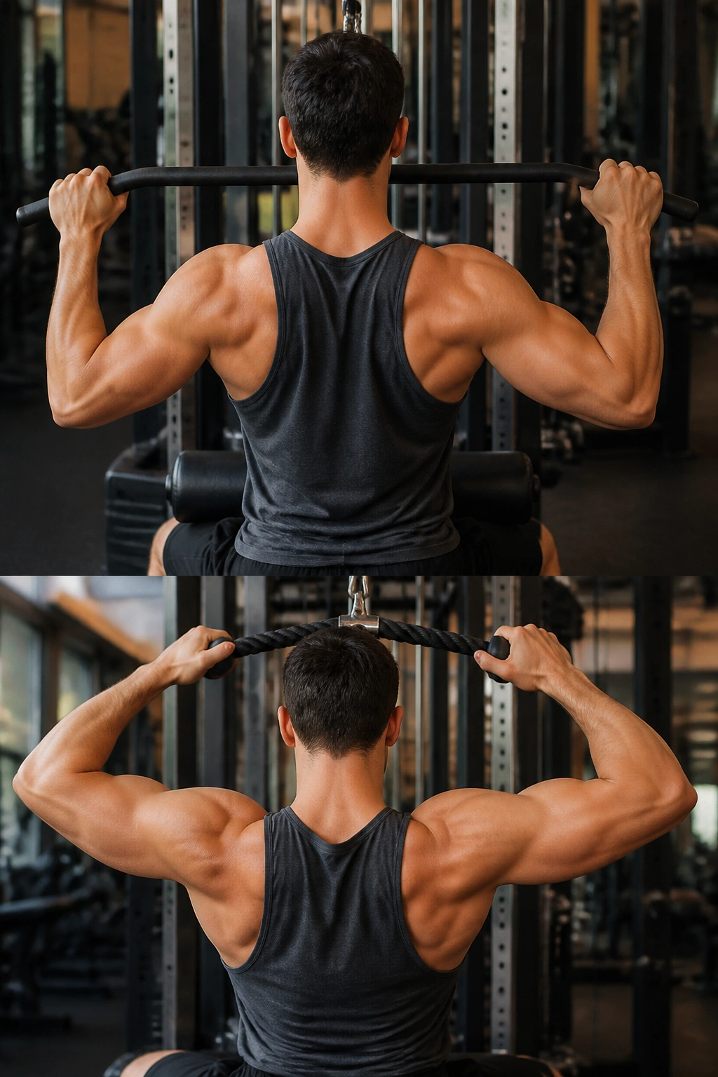 Real person performing lat pulldown with face pull at a cable station in a gym