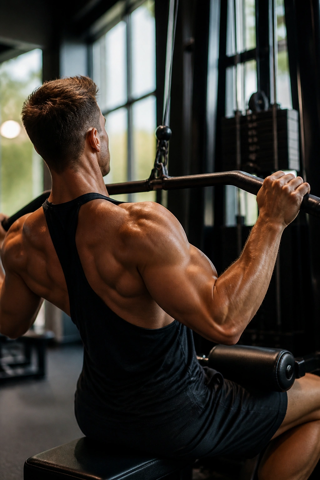 Close-up of a lifter performing lat pulldown showing lat engagement in a gym