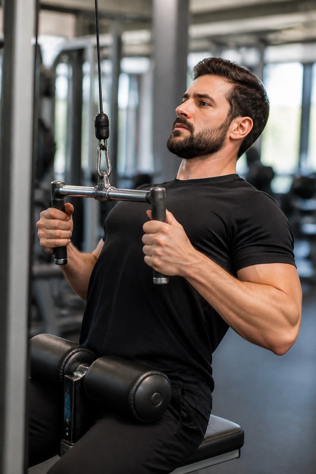 Person performing neutral-grip lat pulldown focusing on lats and posture