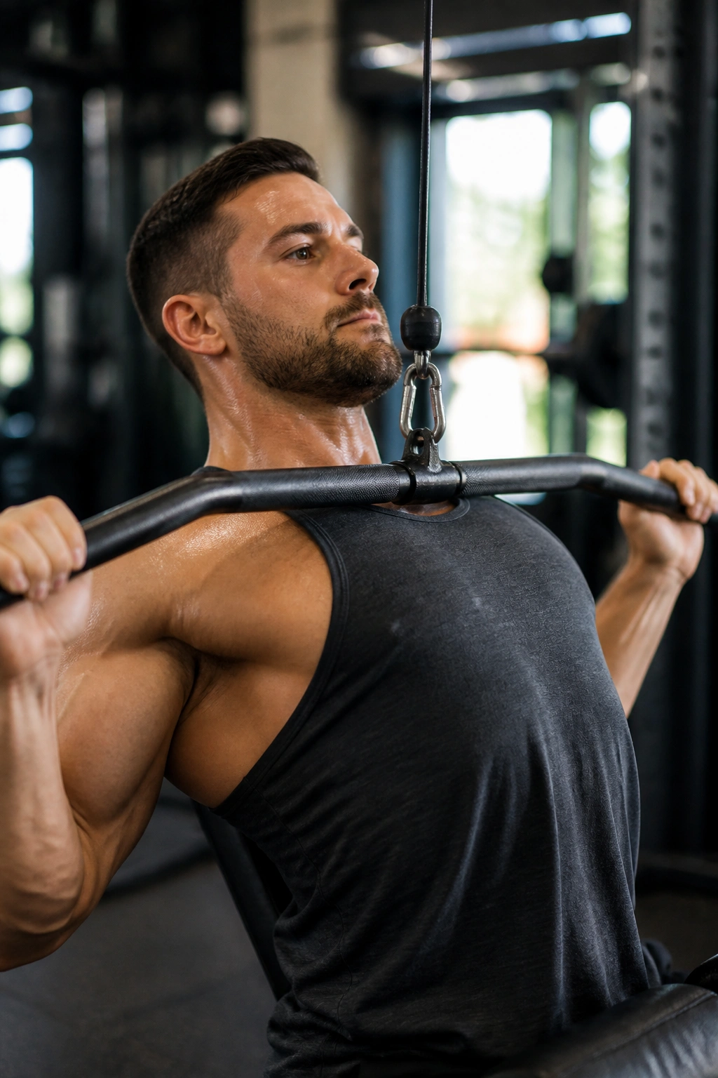 Person performing lat pulldown with bar at upper chest in gym