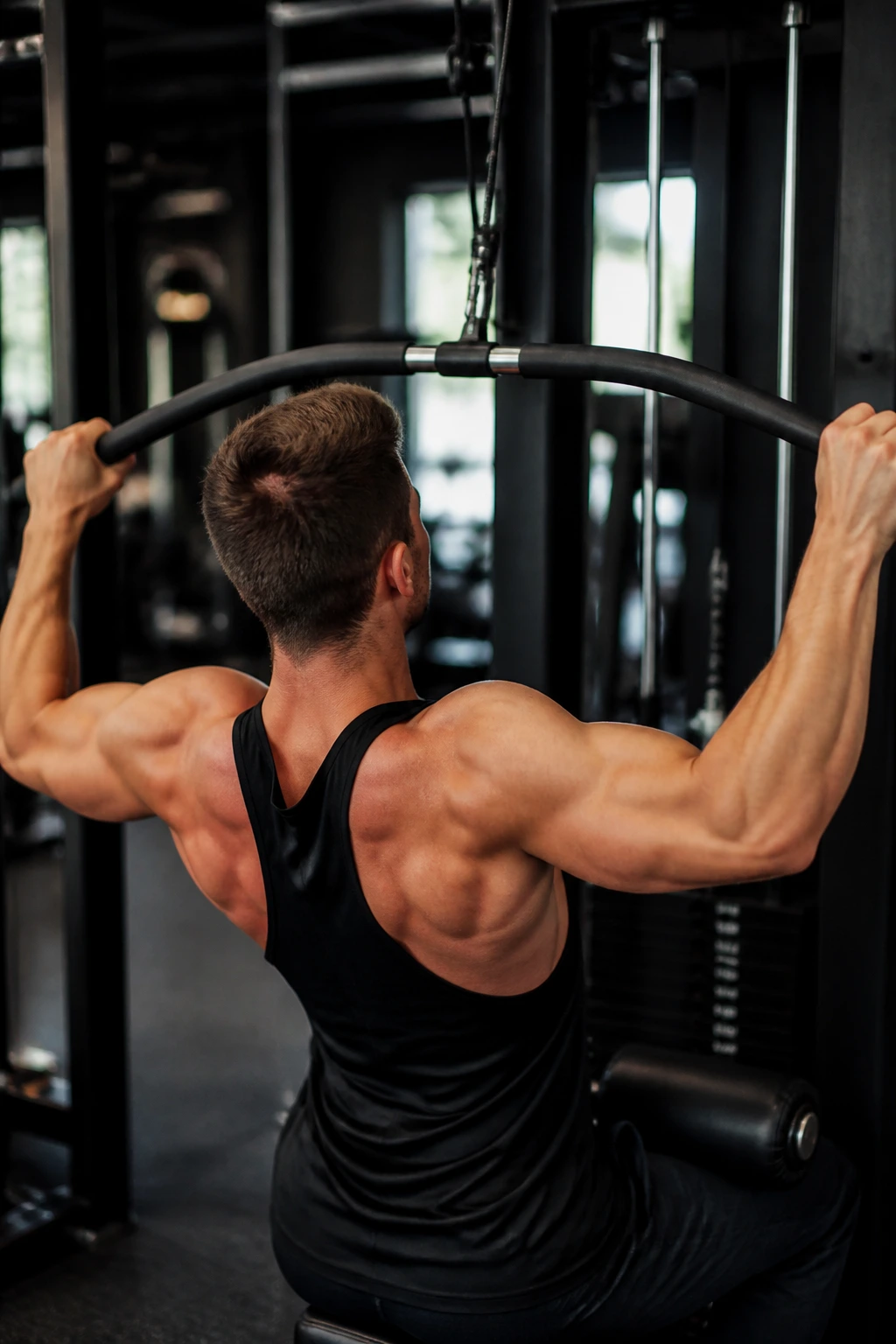 Person performing lat pulldown on a machine in a gym