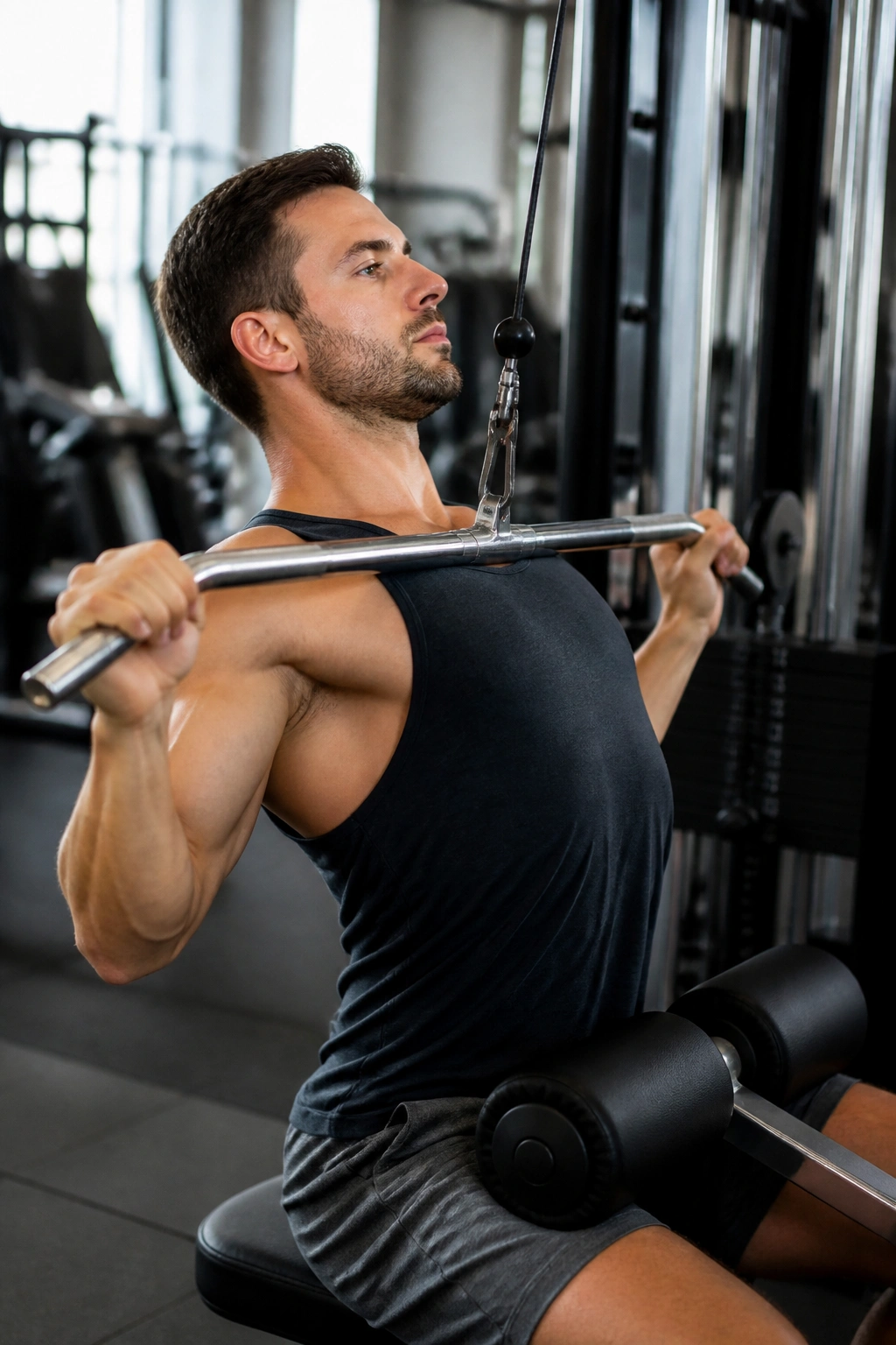 Real person performing lat pulldown with tall chest and controlled movement.