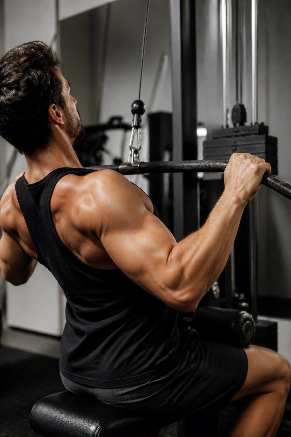 Close-up of a person performing lat pulldowns in a gym, lats engaged