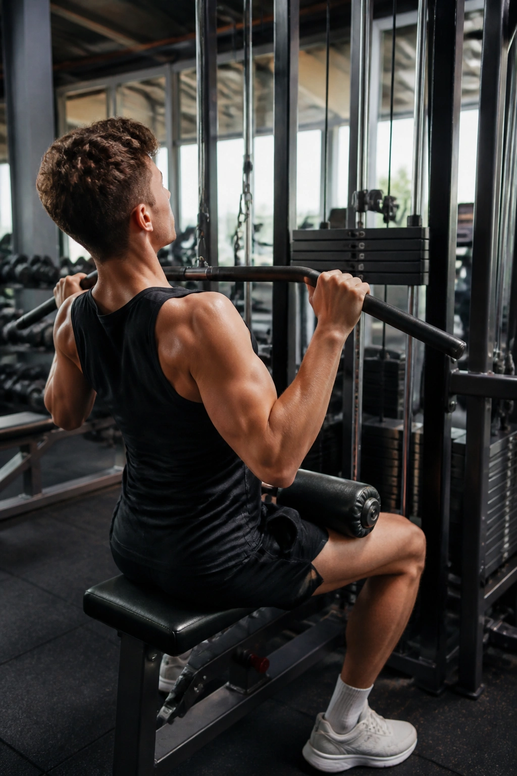 Person performing lat pulldown with tall torso and controlled elbows