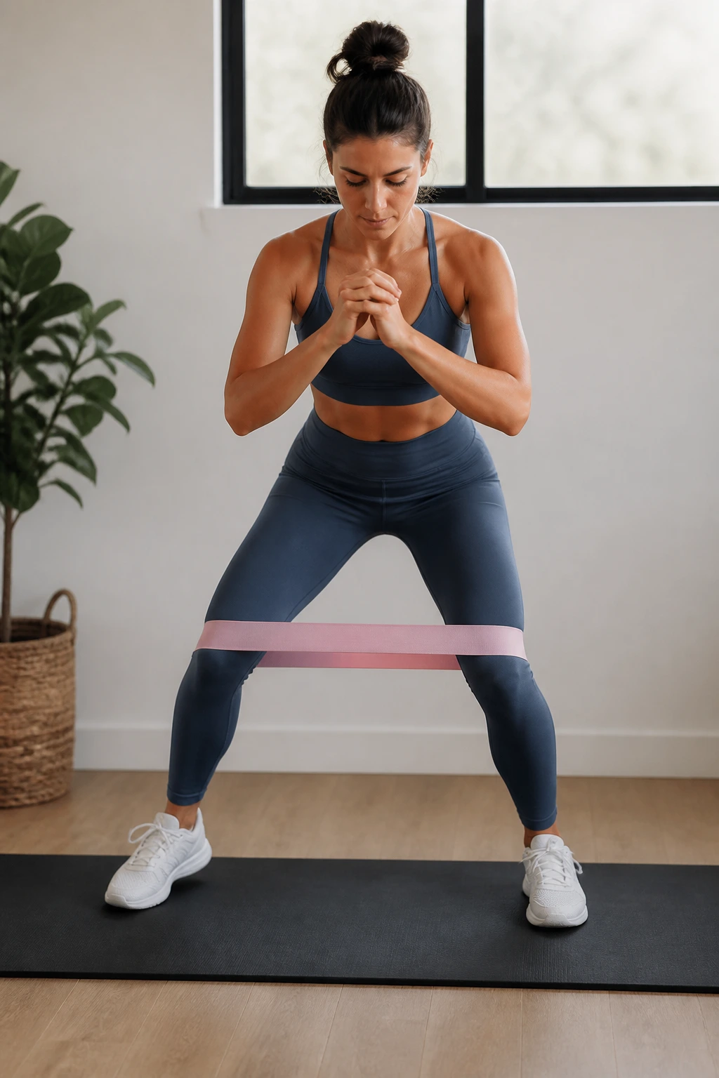 Mid-shot of a woman performing lateral band walk with knee loop band
