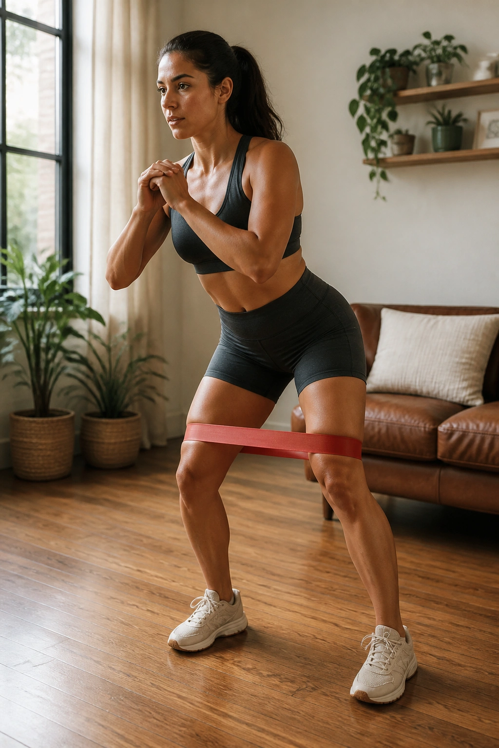 Person performing Lateral Band Walks with mini-band above knees on wooden floor.