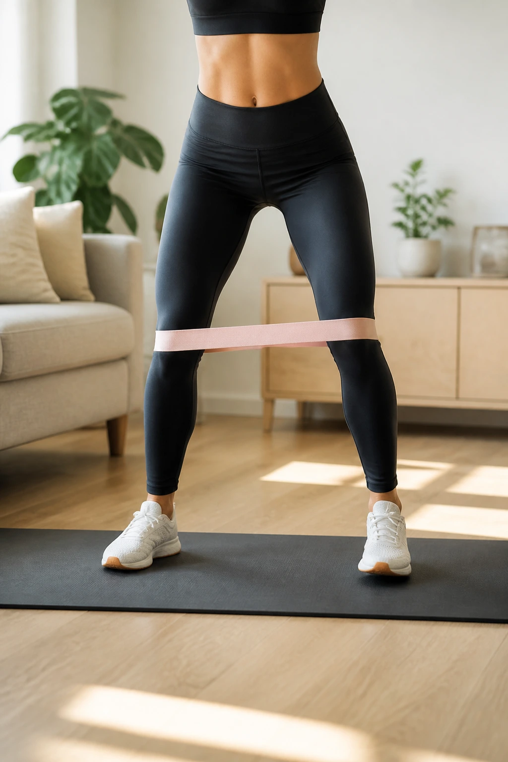 Person performing lateral band walks with knee band in a home setting