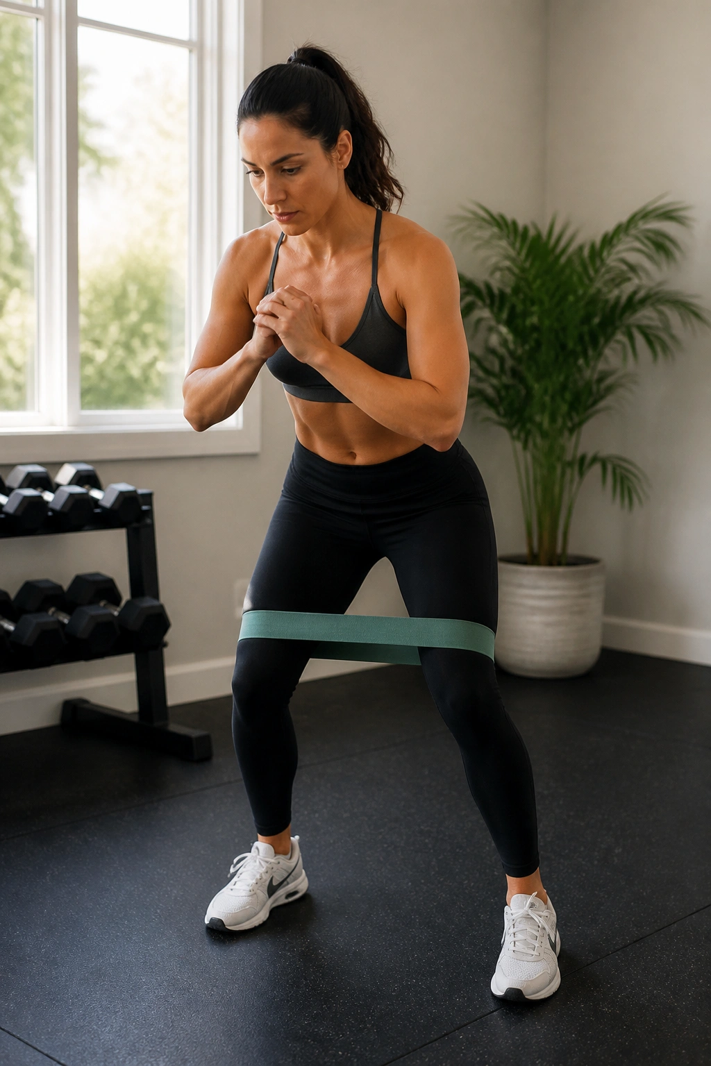 Person performing lateral band walks with resistance band at home