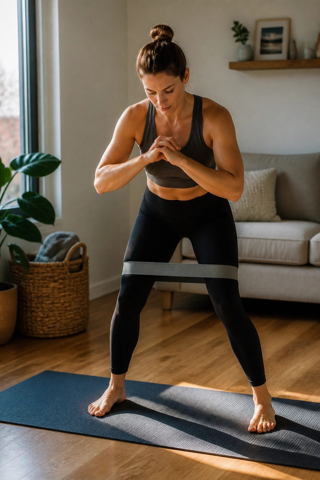 Person performing lateral band walks with a thigh-level resistance band in a home workout space