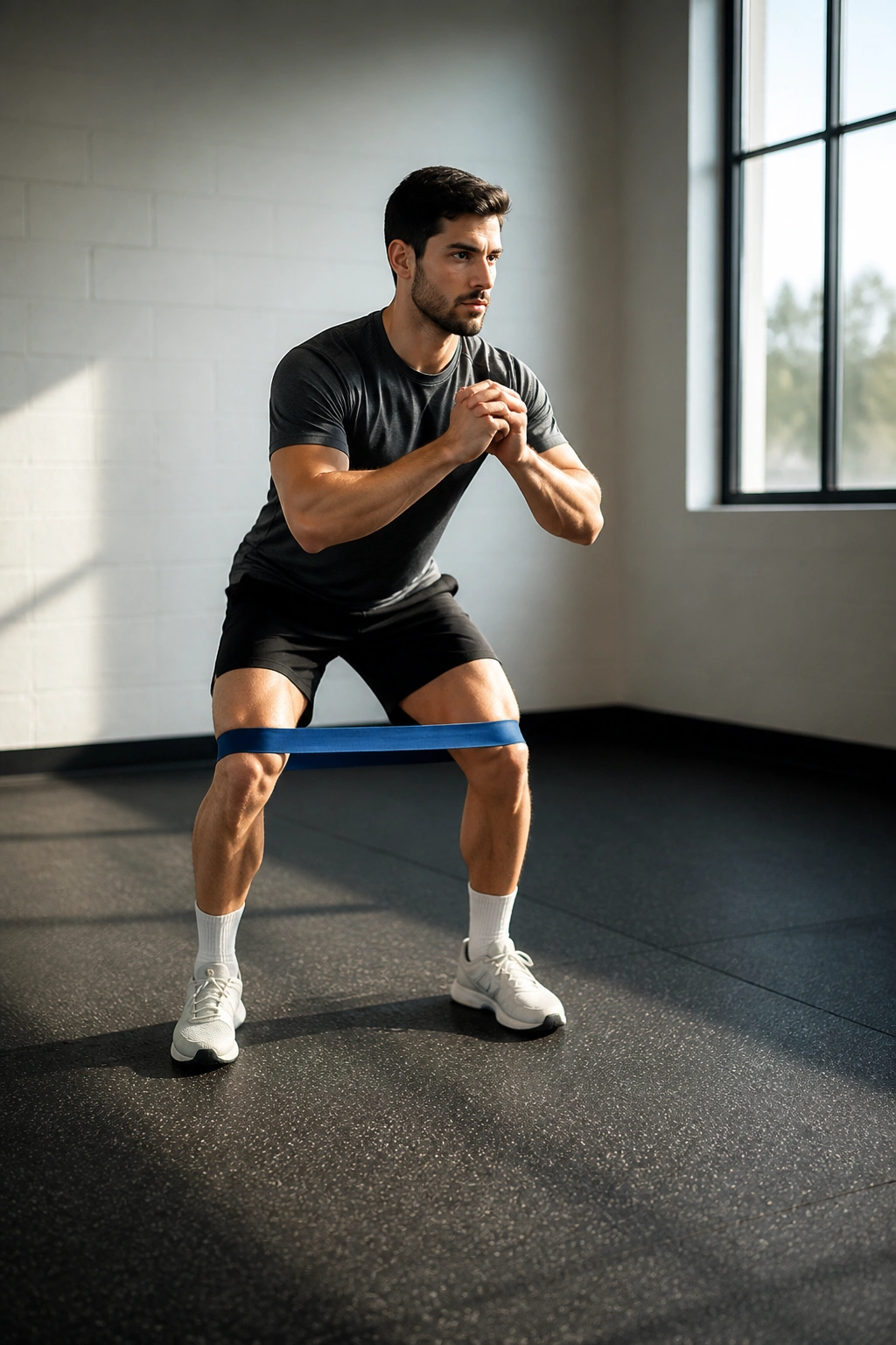 Real person performing lateral band walks with resistance band around knees in a gym