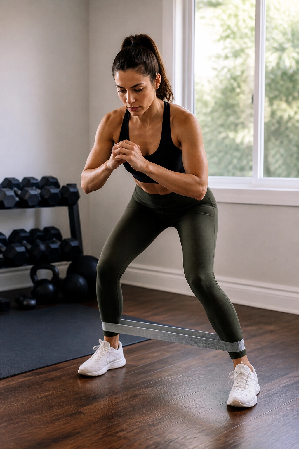 Mid-shot of person performing lateral band walks with ankle band