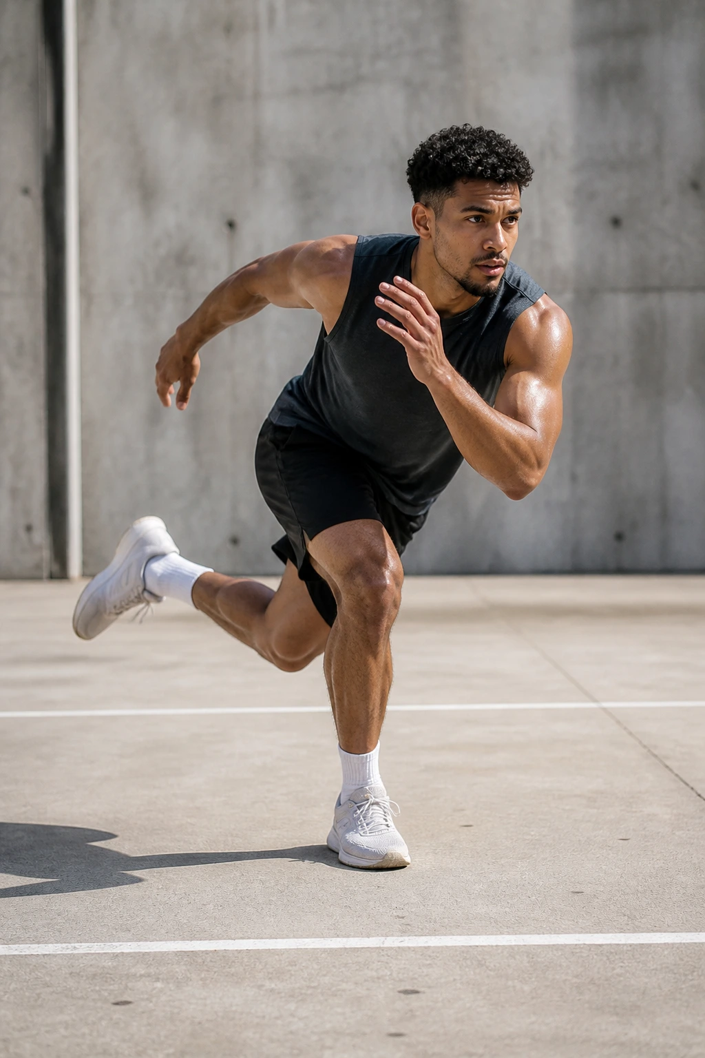 Athlete performing lateral skater jump in gym/outdoor court