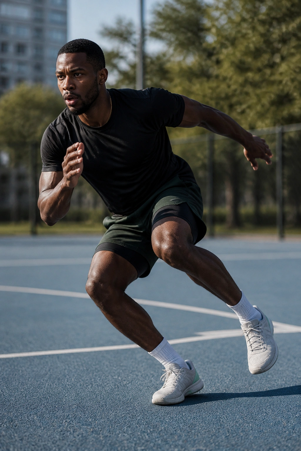 Athlete performing a lateral bound on an outdoor court