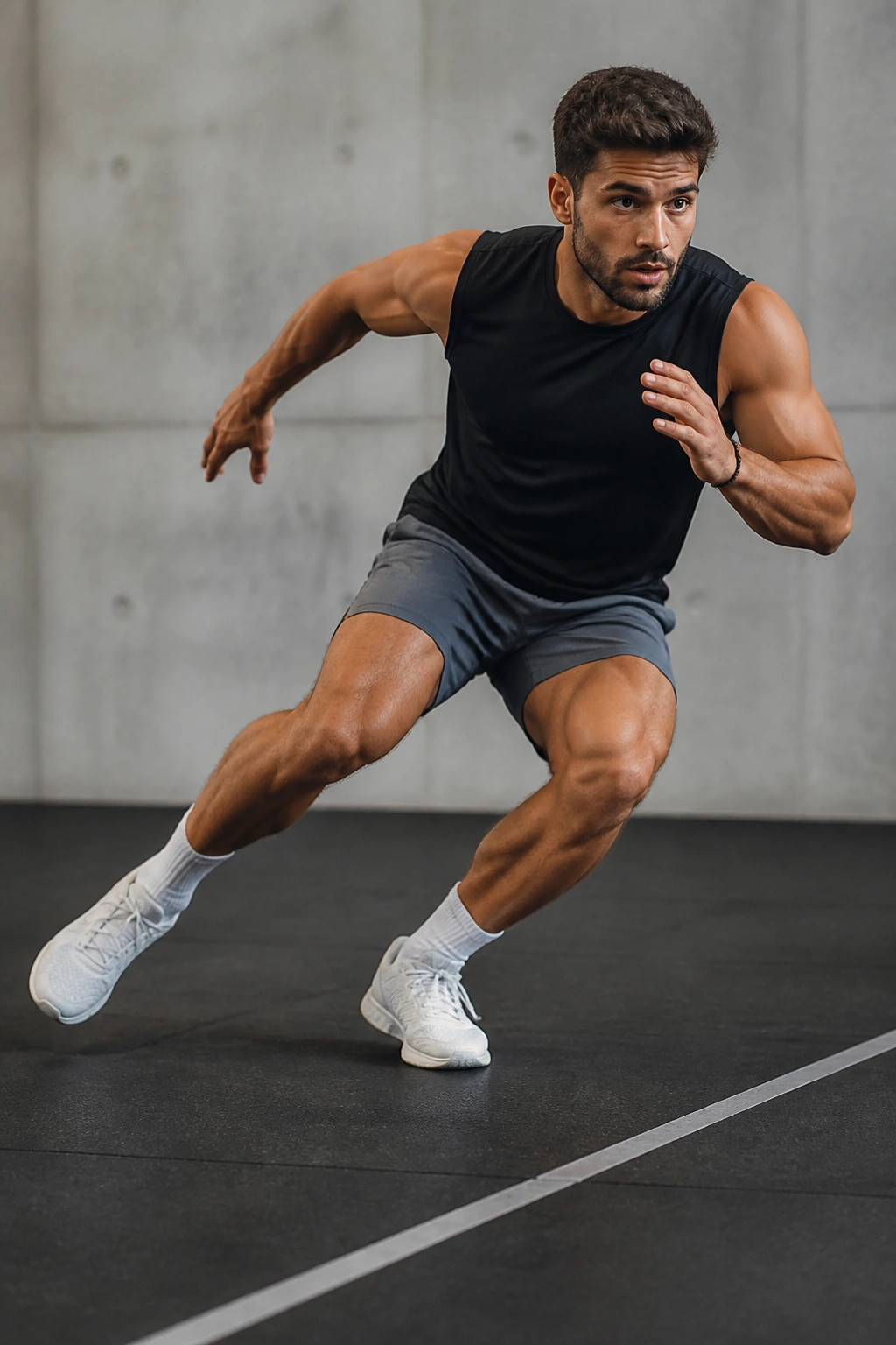 Athlete performing a lateral bound in a gym