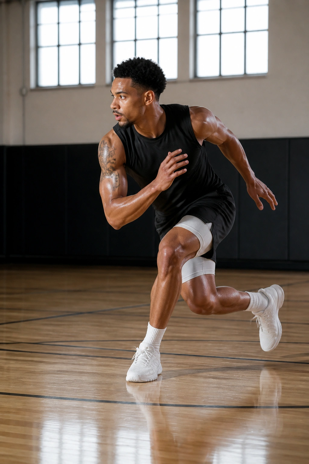Side profile of athlete performing lateral bounds with a freeze