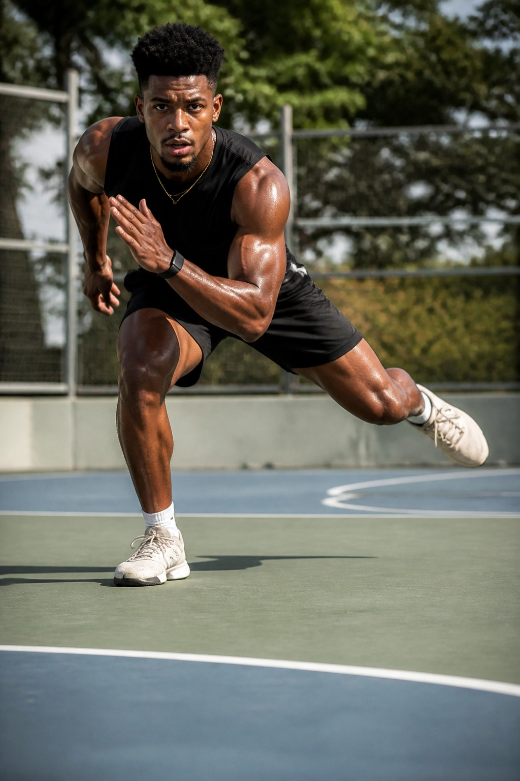 Athlete performing a lateral bound with single-leg Romanian deadlift on a gym floor.