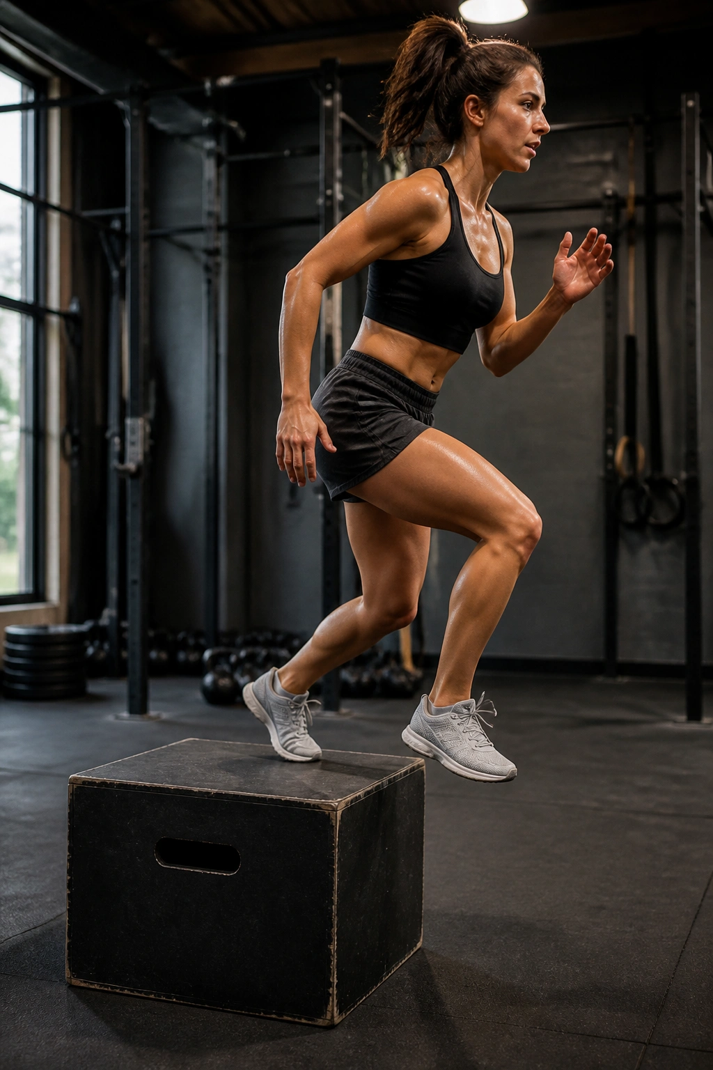 Side-profile of a person performing lateral box shuffles in a gym