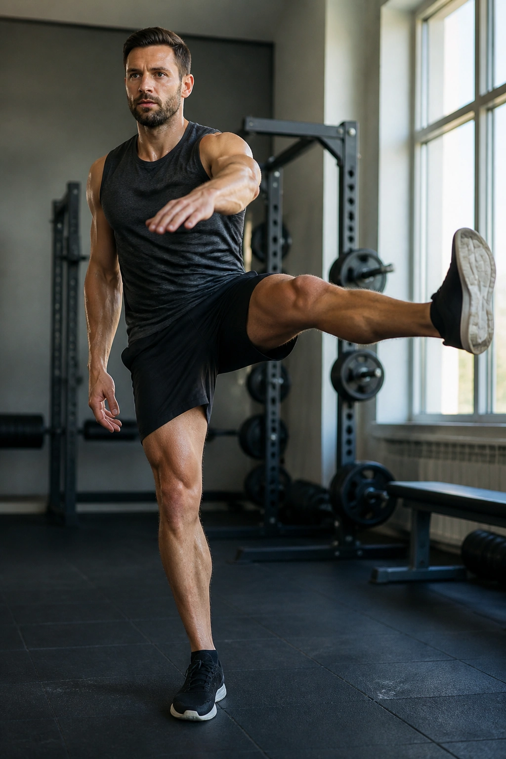 Person performing side-to-side leg swings in a gym