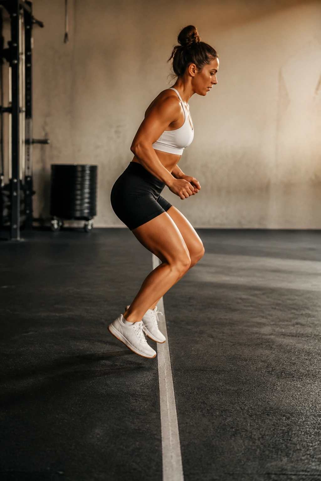 Side view of an athlete performing rapid lateral line hops over a floor line