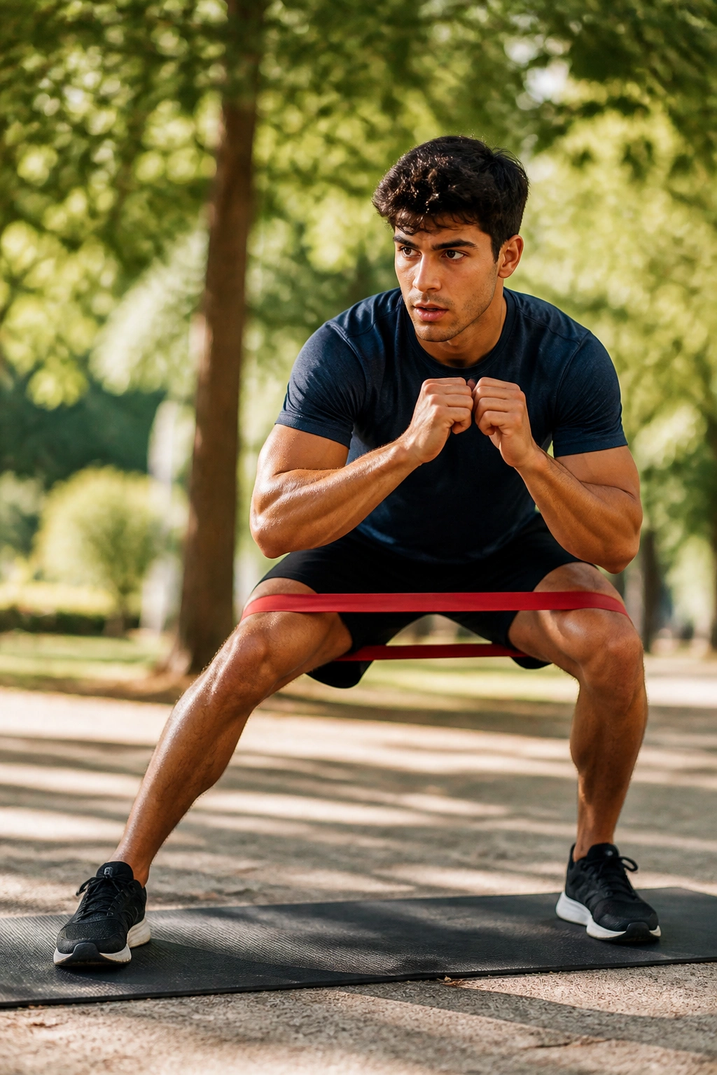 Person performing lateral lunge with band above knees in a park