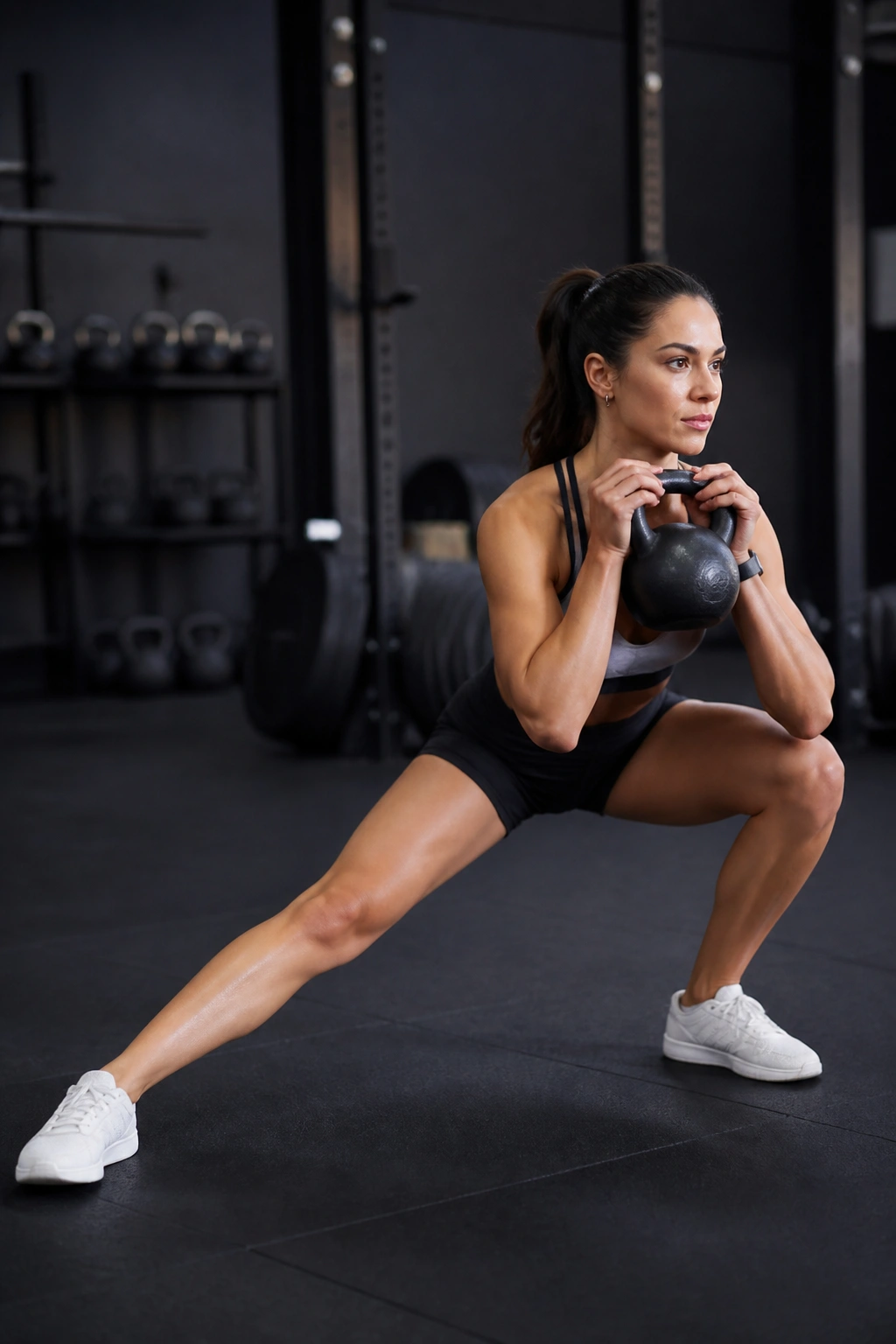 Side view of a person performing a weighted lateral lunge with goblet hold