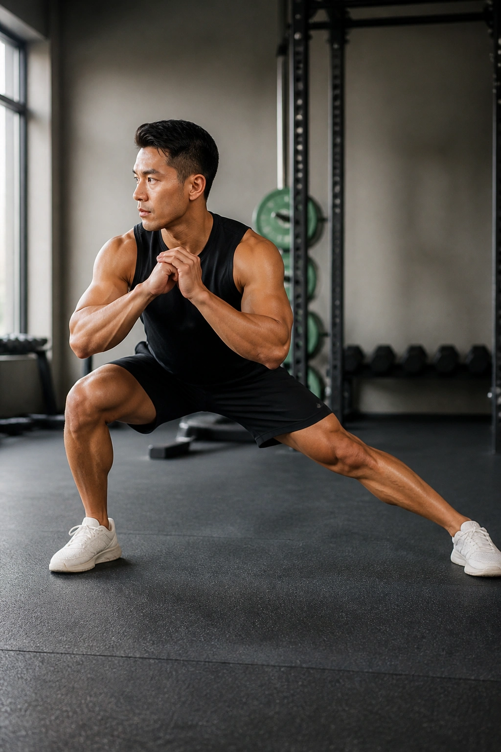 Side view of a person performing lateral lunge switch in a gym