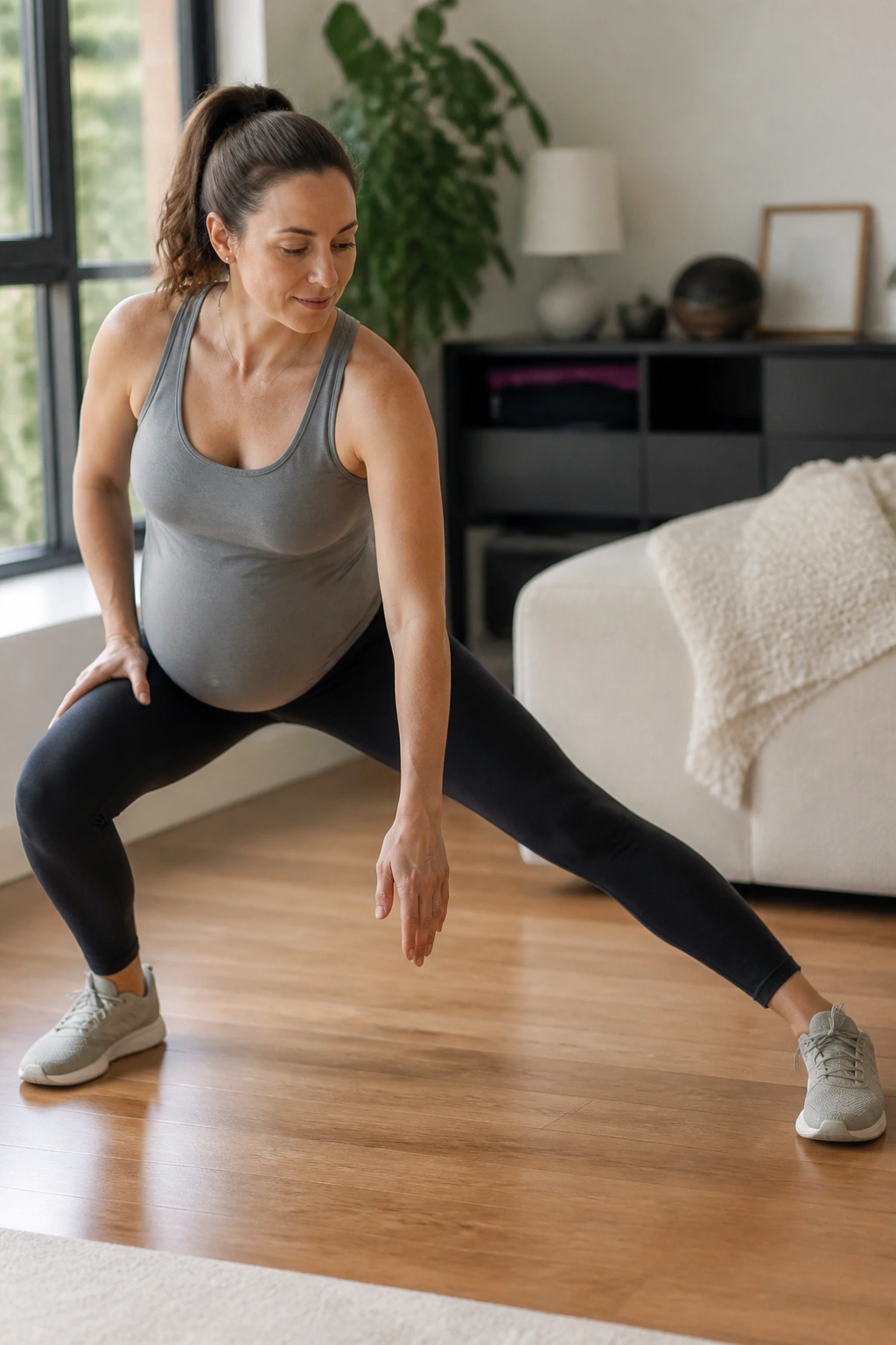 Real person doing lateral lunges with short reach for hip stability