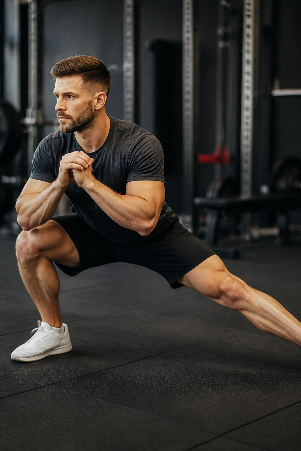 Side view of a person performing a lateral lunge in a gym