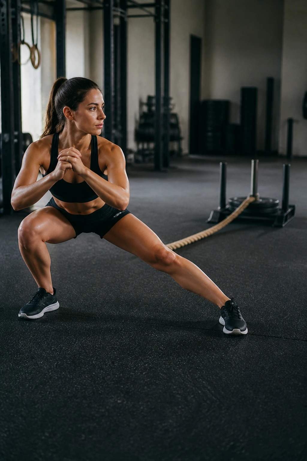 Side view of lateral lunge with sled drags in gym
