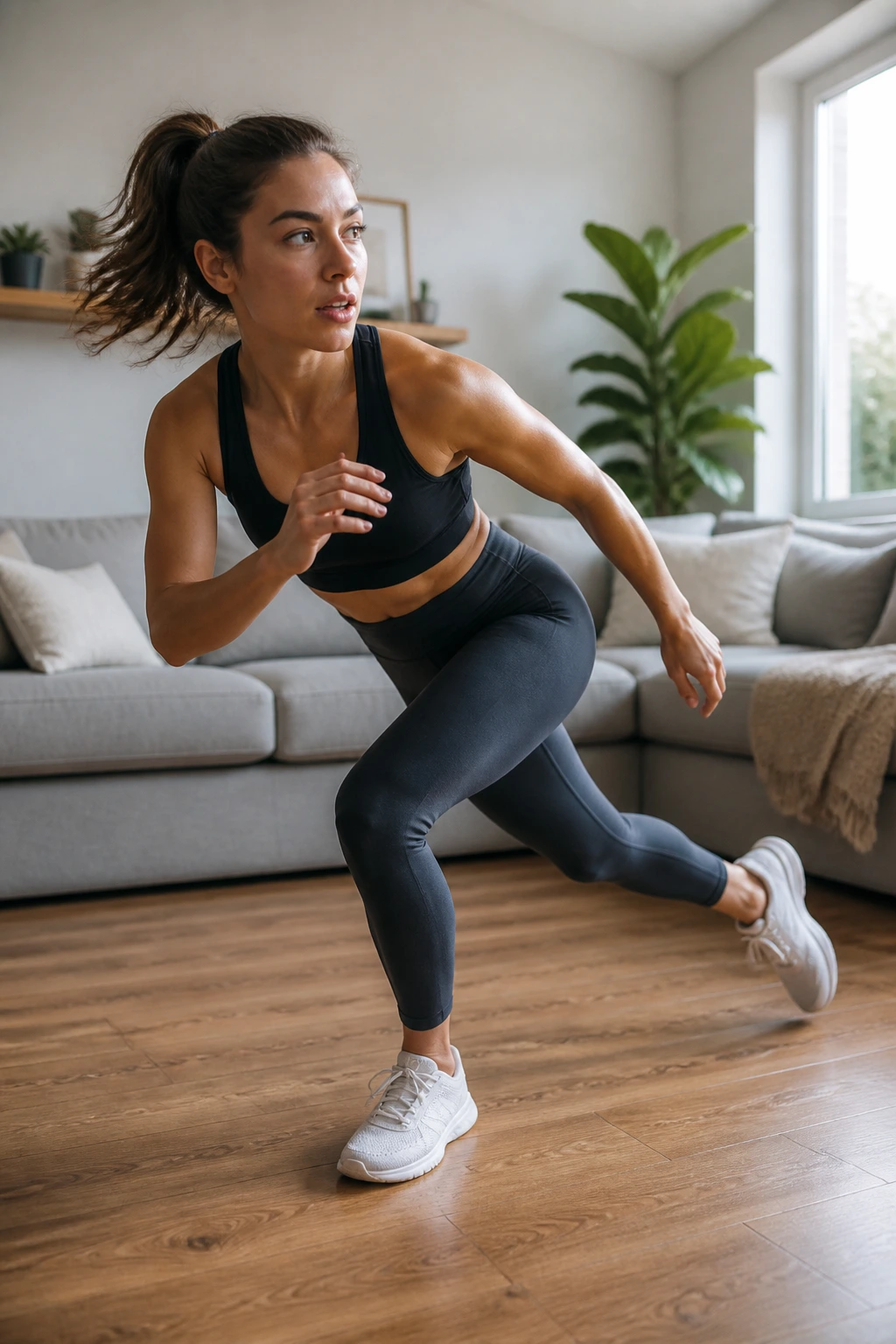Person performing skater step in living room
