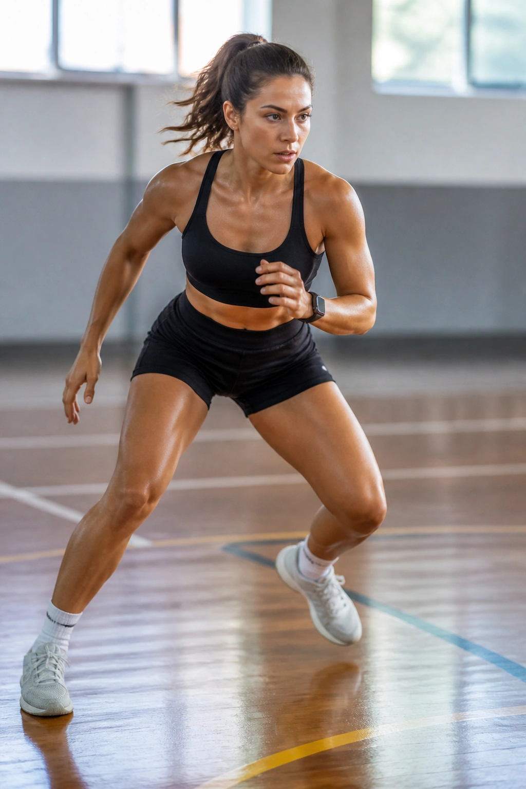 Mid-shot of a fit athlete performing a lateral shuffle in a gym