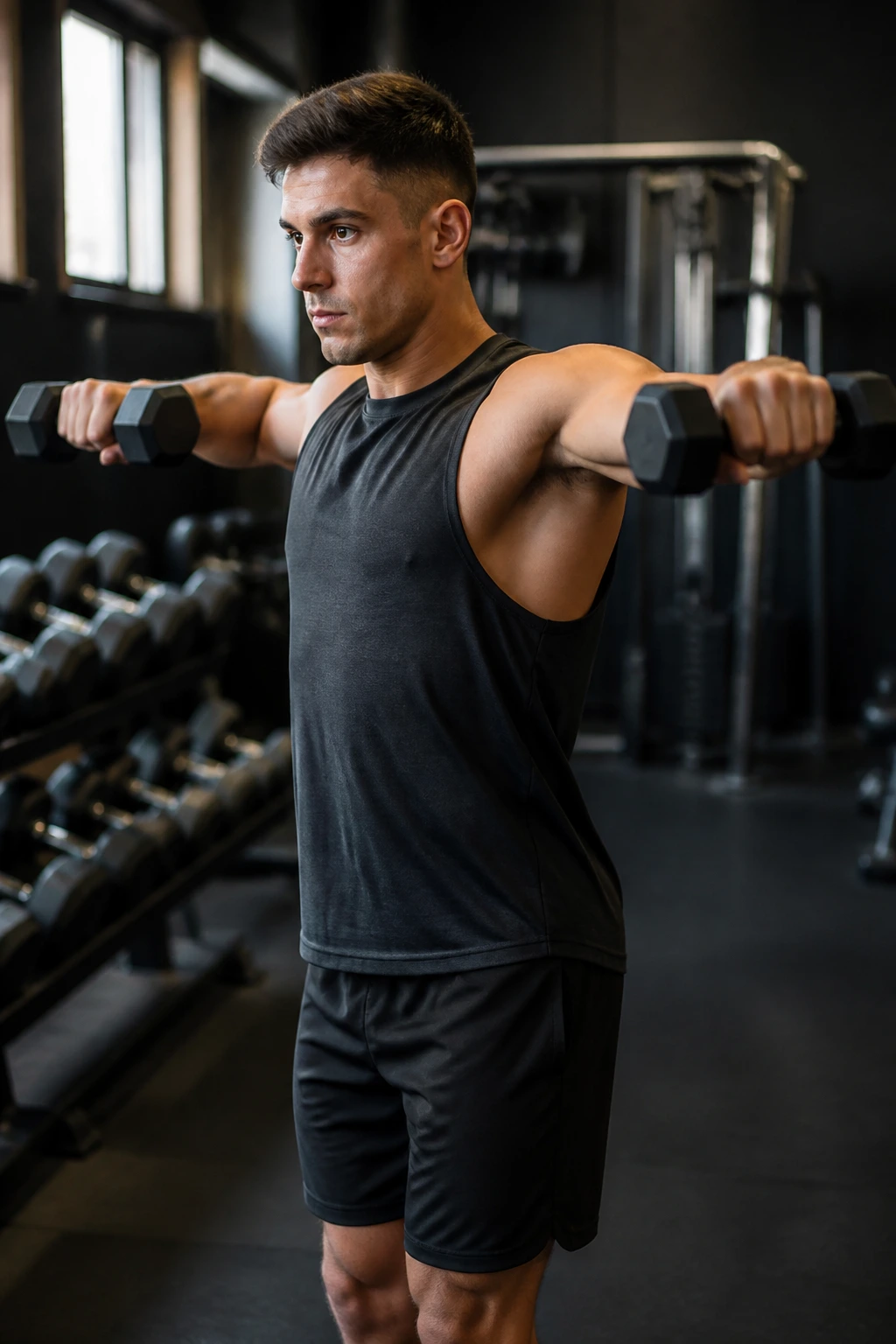Medium close-up of a person performing a dumbbell lateral raise in gym.