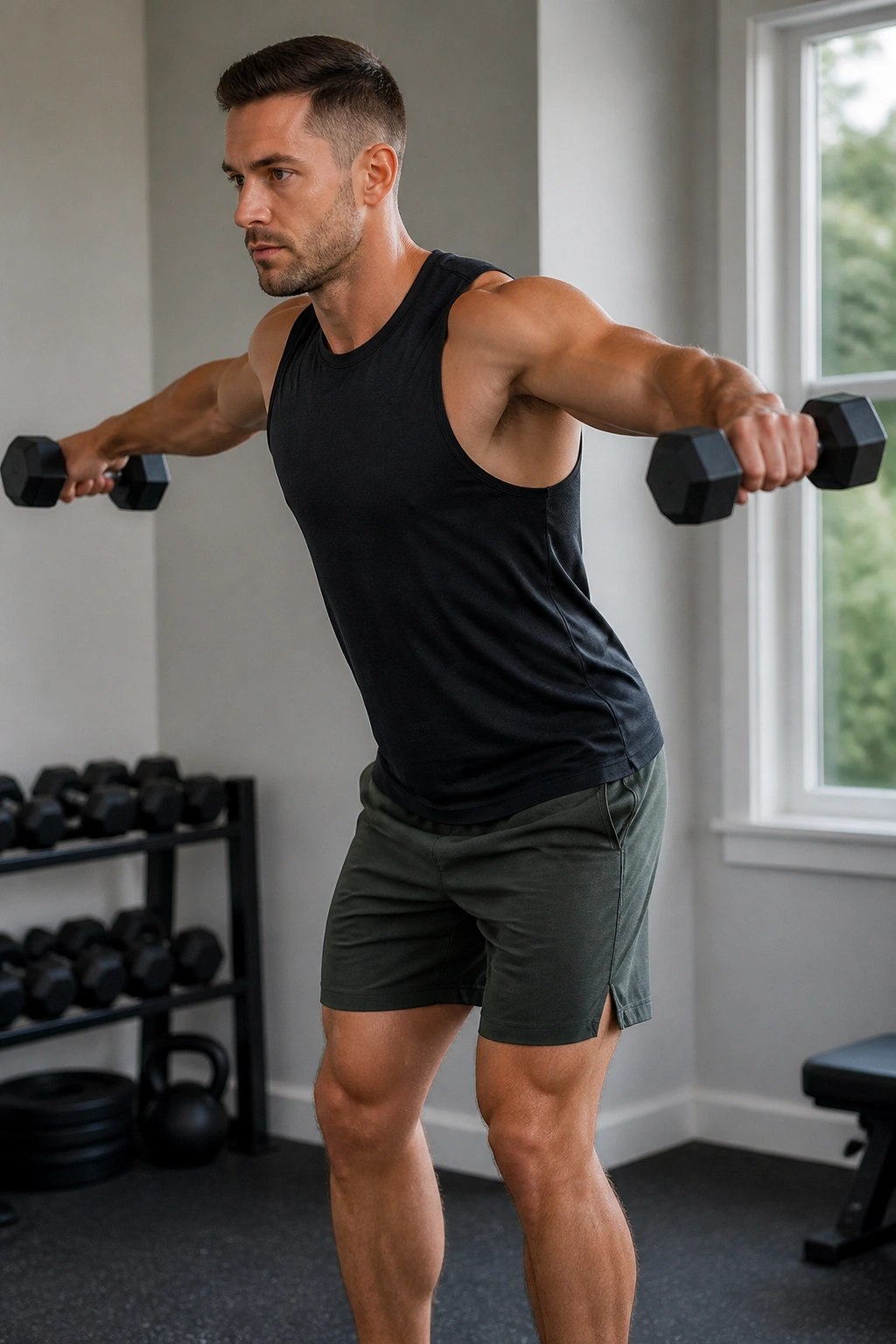 Shoulder-level raise of dumbbells with controlled arc