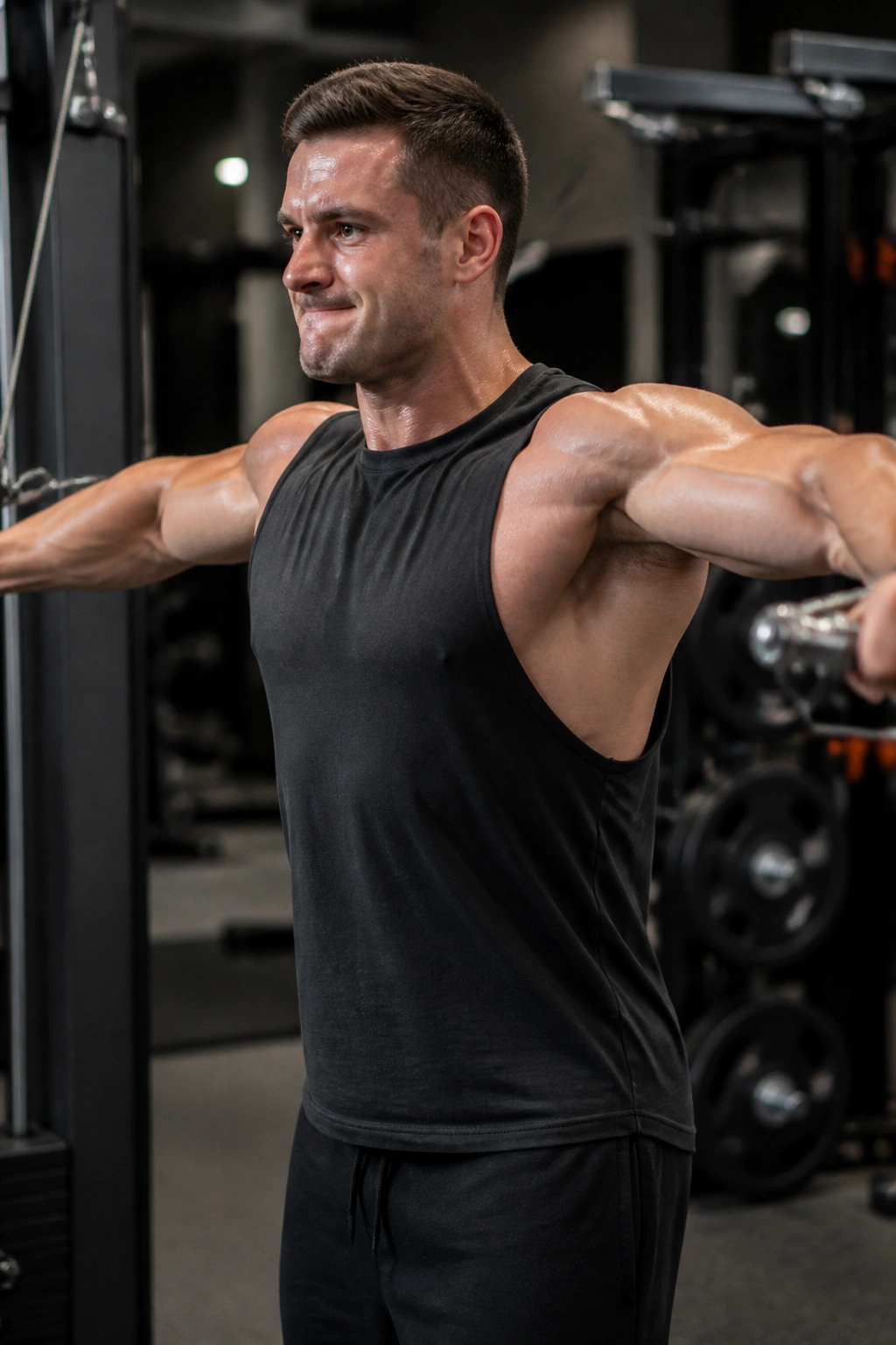Person performing cable lateral raises for delt pump in gym