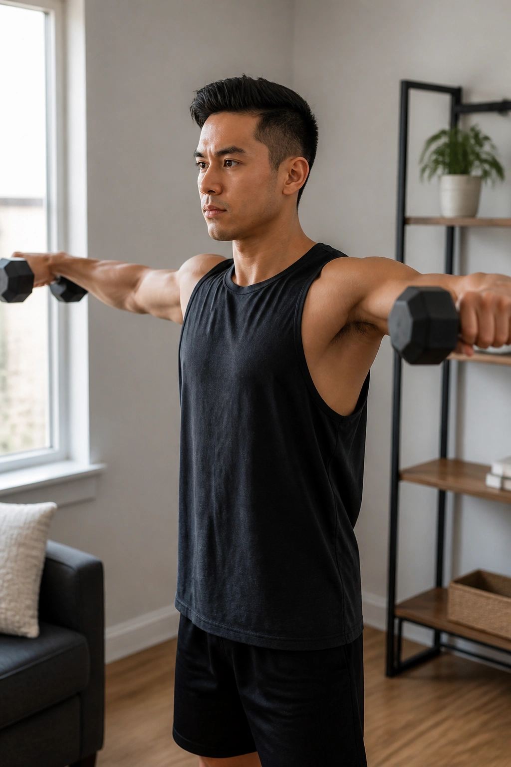 Medium close-up of a person doing lateral raises at home