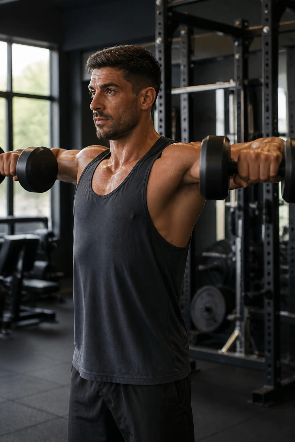 Medium close-up of person performing dumbbell lateral raises in gym.