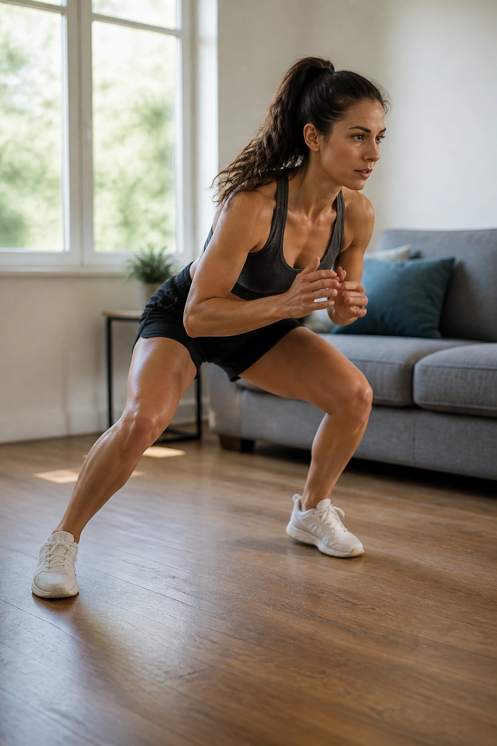 Person performing lateral shuffle in an athletic stance at home