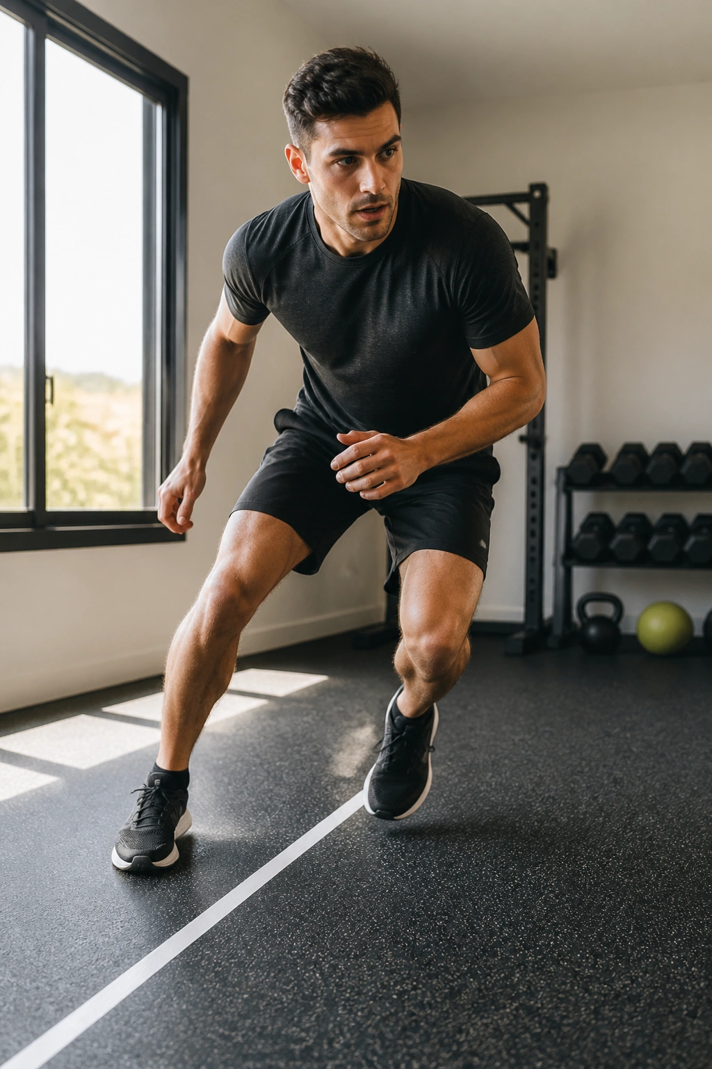 Person doing a rapid lateral shuffle on a taped line