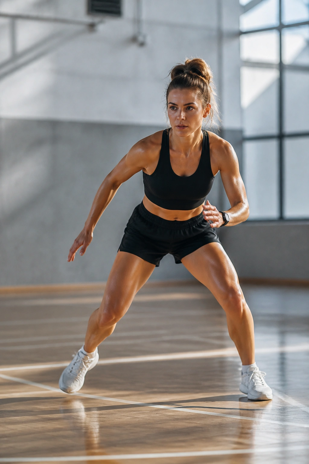 Athlete performing side-to-side shuffle in a gym