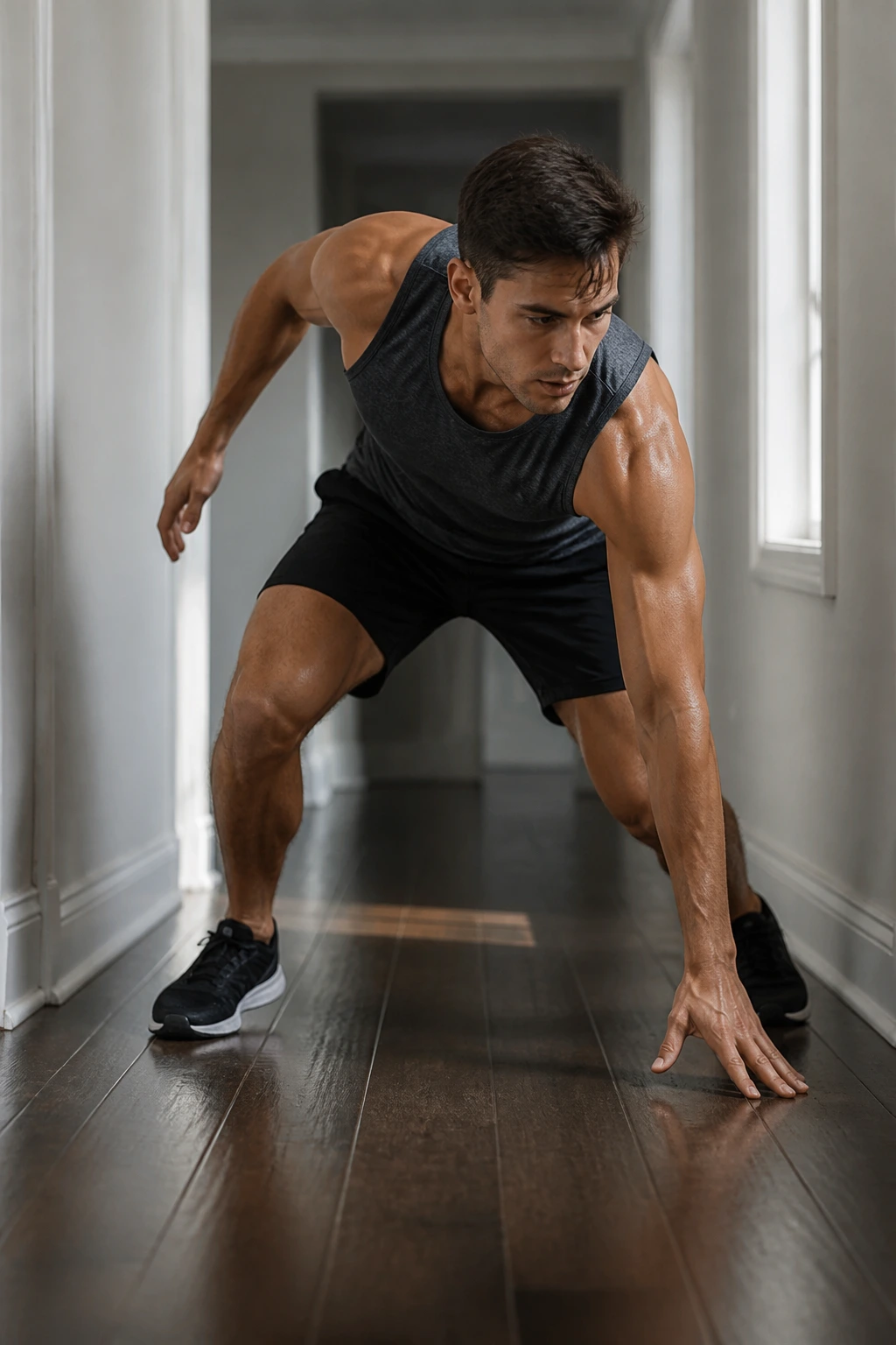 Athlete performing lateral shuffle touches in hallway.
