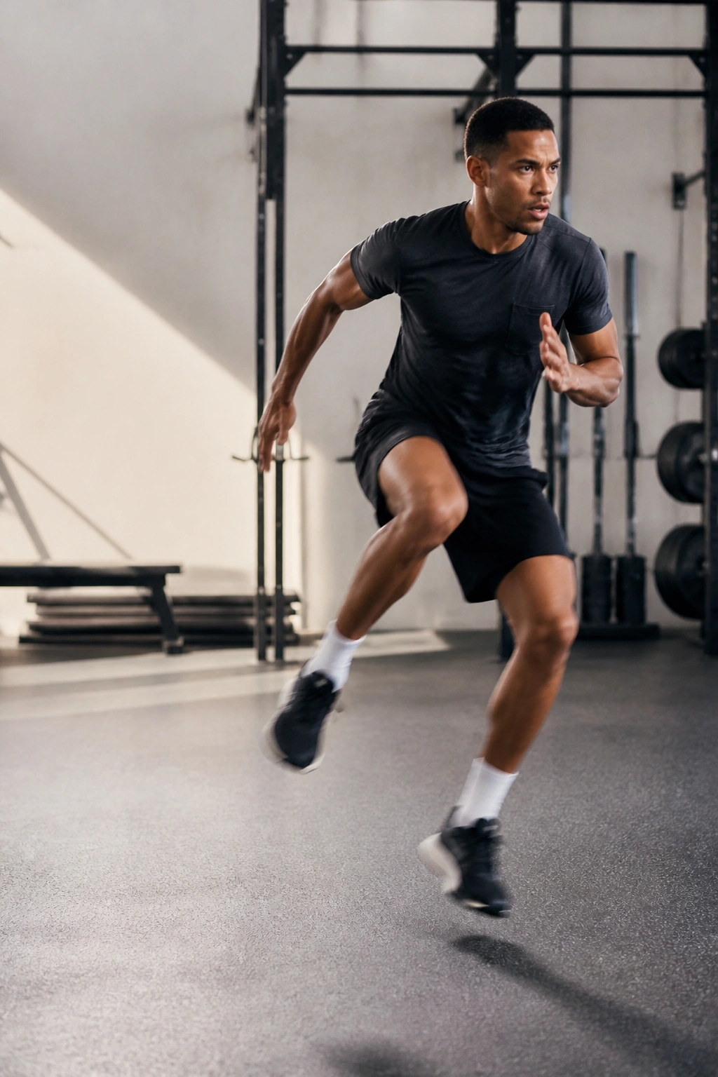 Athlete performing lateral high-knee shuffles in gym