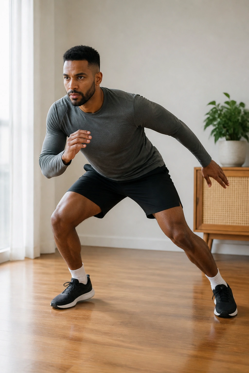 Real person performing lateral shuffles in a compact home space.