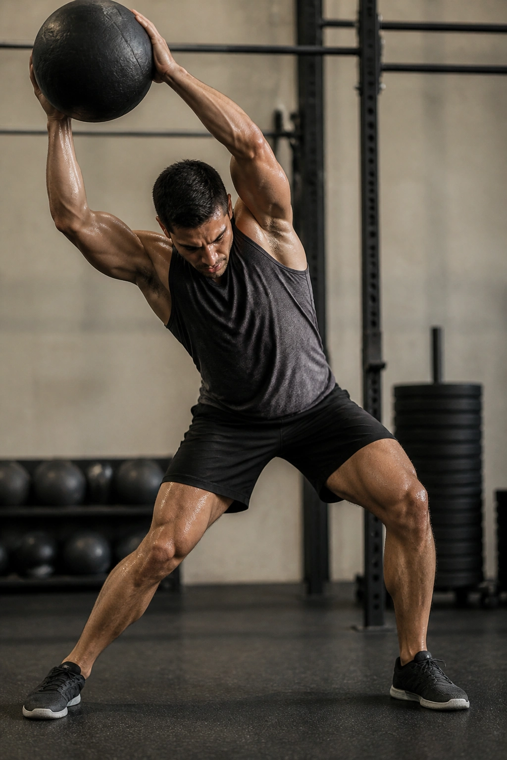 Athlete performing lateral slam with slam ball in gym, mid-move