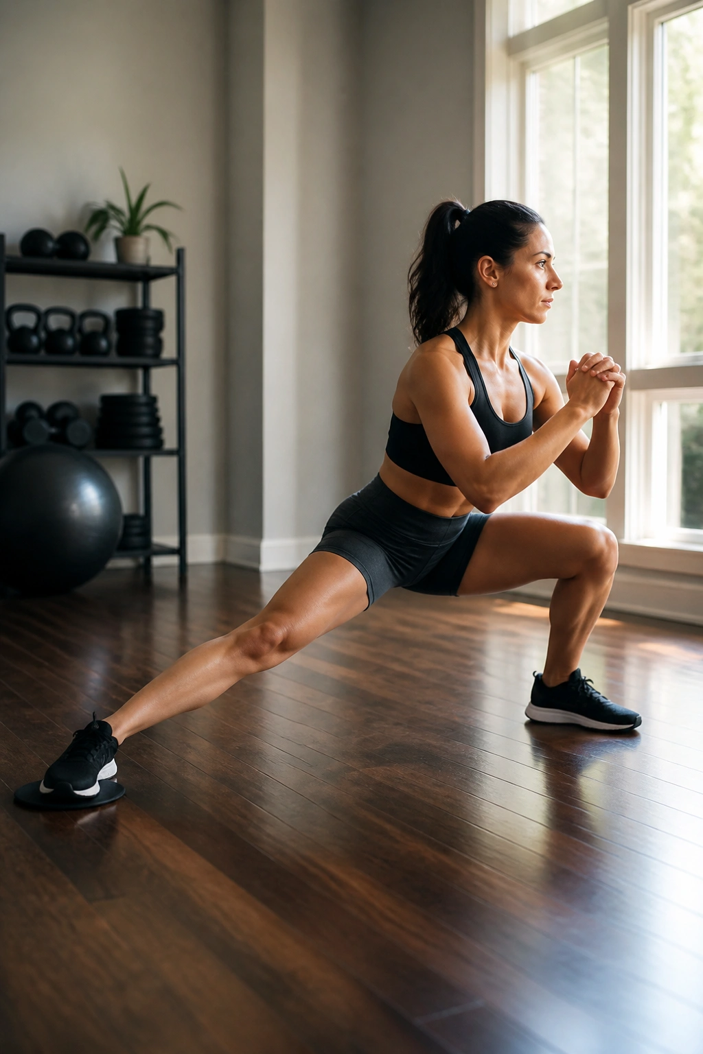 Side-profile of a person performing lateral slider lunges with a slider on a wooden floor