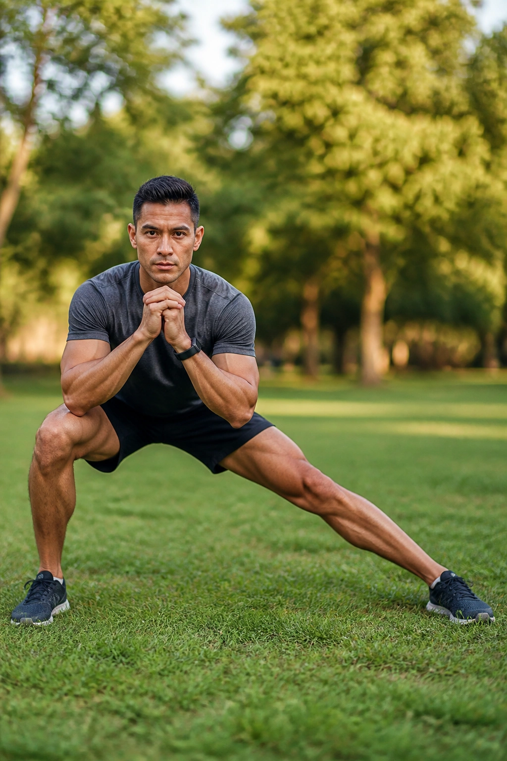 Medium close-up of a person performing a lateral squat side-to-side