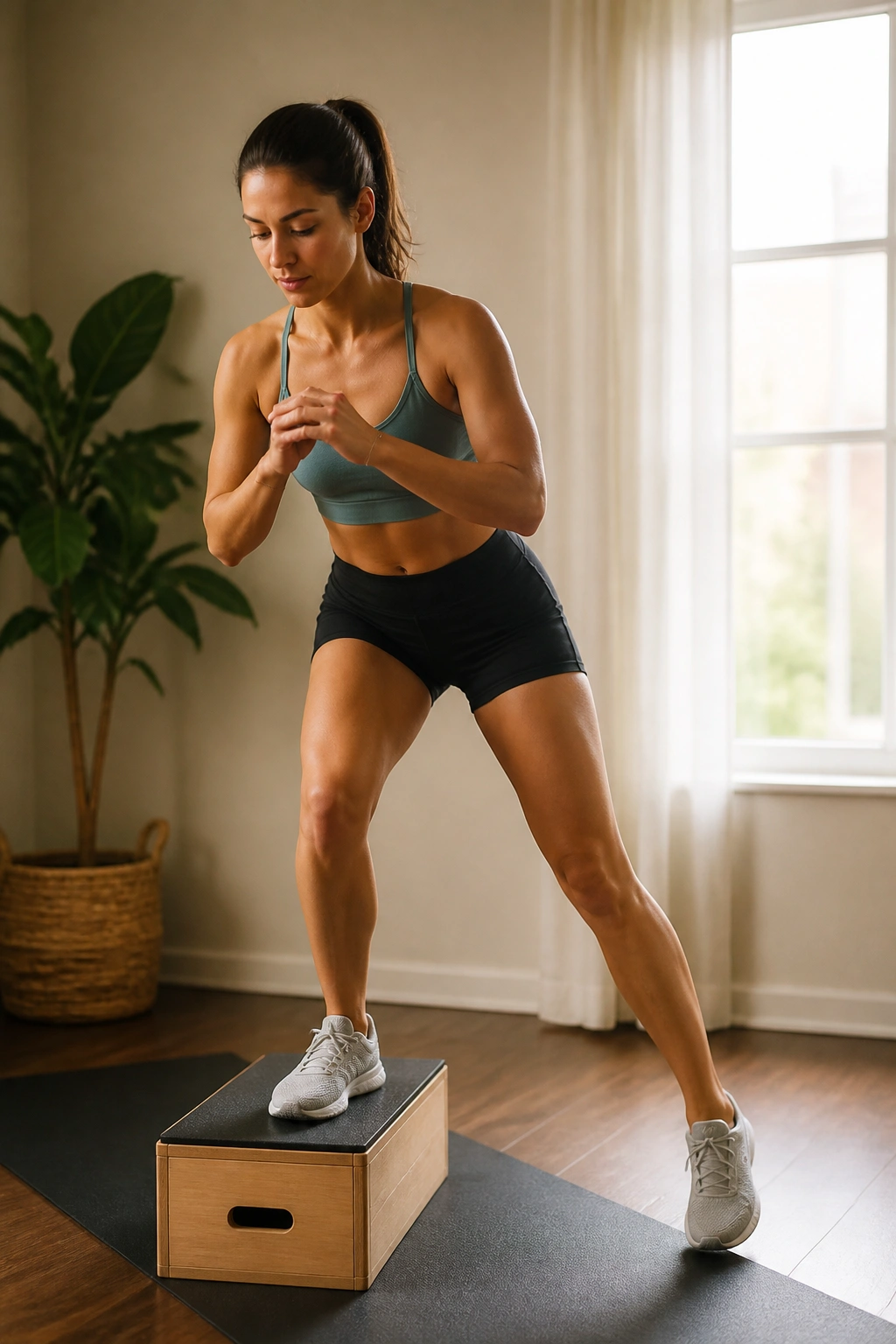 Person performing a controlled lateral step-down on a step