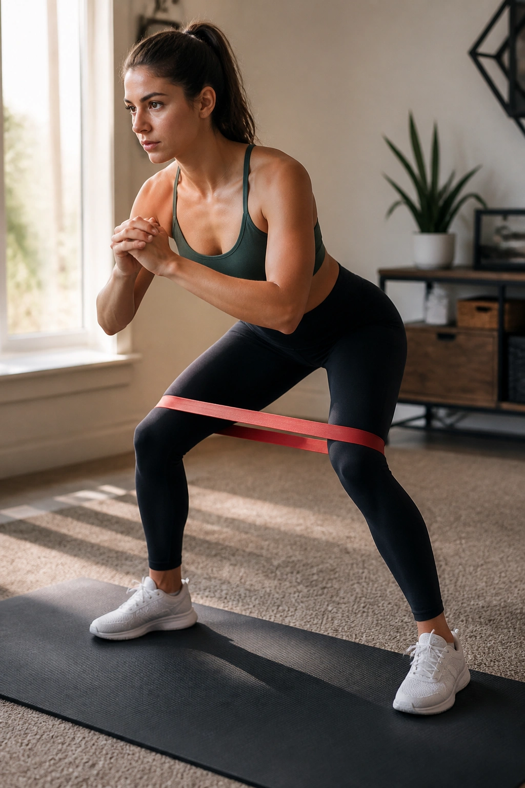 Person performing lateral walks with a loop band around thighs in a bright home gym